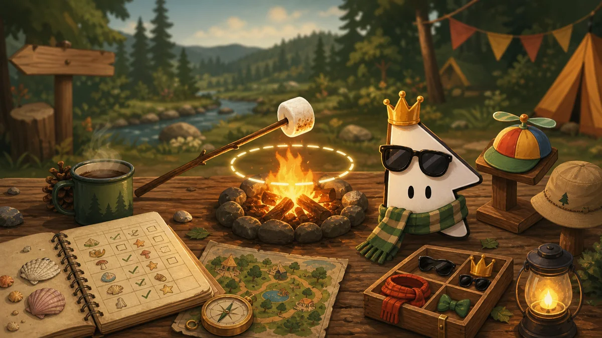 Ilustración de fogata con malvavisco, lista, mapa y accesorios de cursor